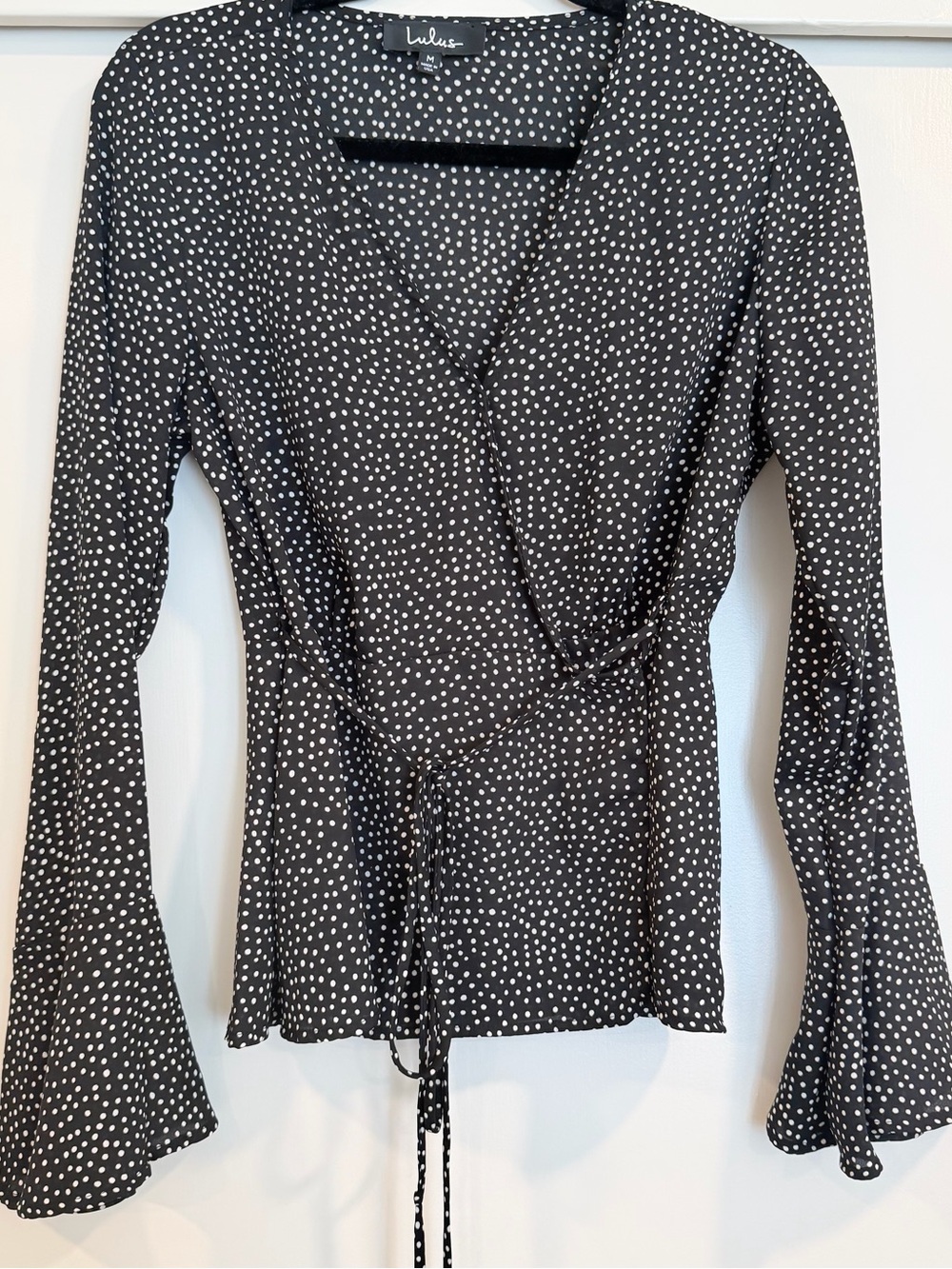 Lulus Love Is Enough Black Polka Dot Wrap Top Bell Sleeve M